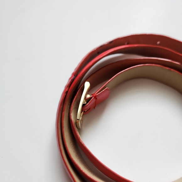 Vintage J Crew Factory Genuine Leather Skinny Red Belt Golden Buckle Size L - Picture 9 of 15